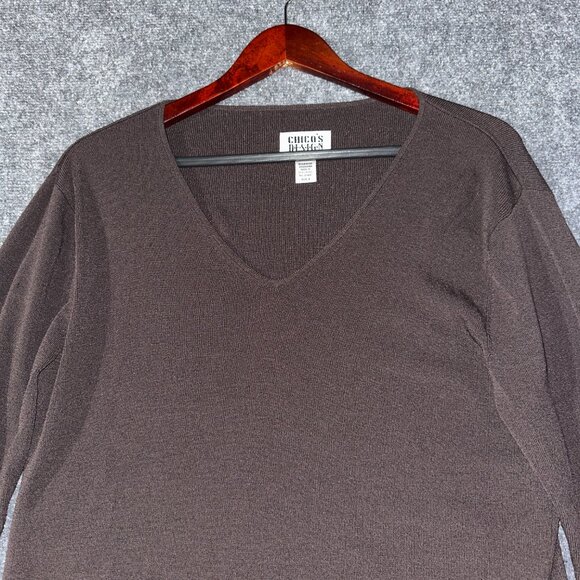 Chicos Top Womens Large Brown Stretch Long Sleeve Popover Blouse V Neck - Picture 3 of 6